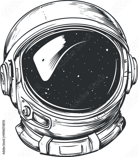 Detailed black and white illustration of an astronaut helmet with reflective visor showing stars and space.