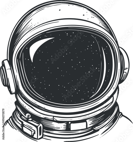 Black and white illustration of an astronaut helmet with starry space reflection on the visor