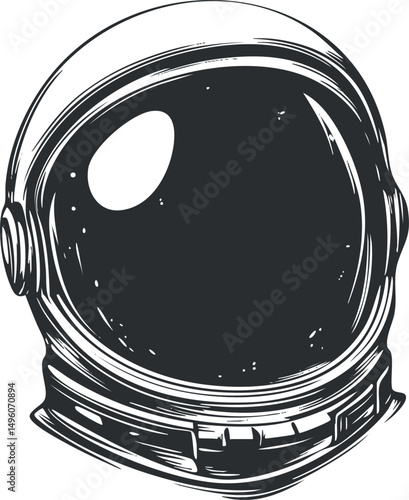 Black and white detailed illustration of a classic astronaut helmet used for space exploration and protection
