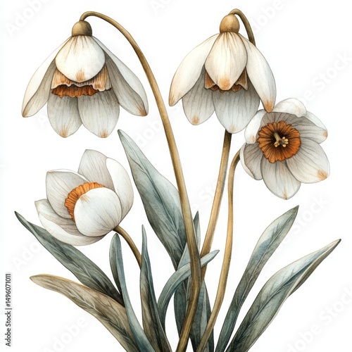 watercolor flower on white background. illustration for commercial and creative projects. Isolated on white background. Vector art, digital art. Vintage snowdrop 