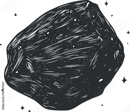 Black and white illustration of a textured asteroid floating in outer space with stars around it