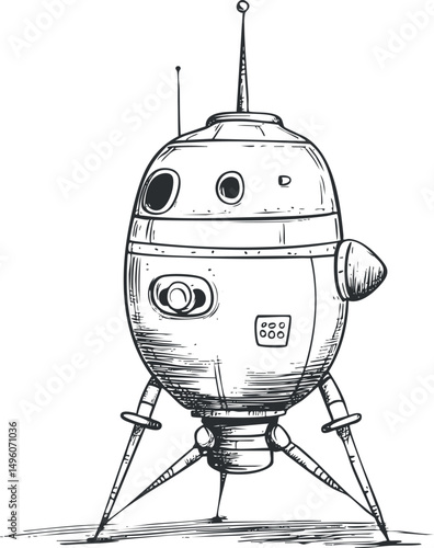 Hand-drawn vintage style rocket lander with antennas and legs for space exploration missions