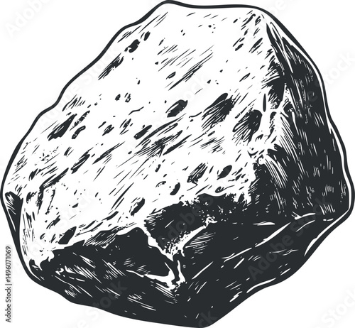 Black and white sketch illustration of a rough asteroid or meteorite floating in space with detailed texture