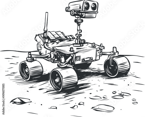 Black and white sketch of a Mars rover exploring the rocky planetary surface with cameras and wheels