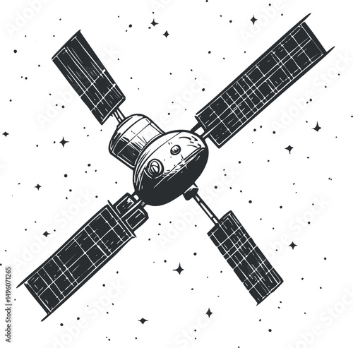 Black and white illustration of a satellite with solar panels orbiting in outer space with stars around it