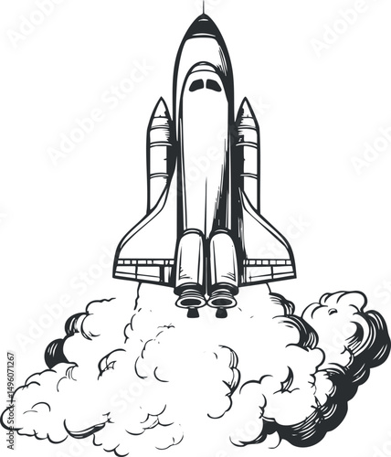 Black and white illustration of a space shuttle launching with smoke and flames during liftoff