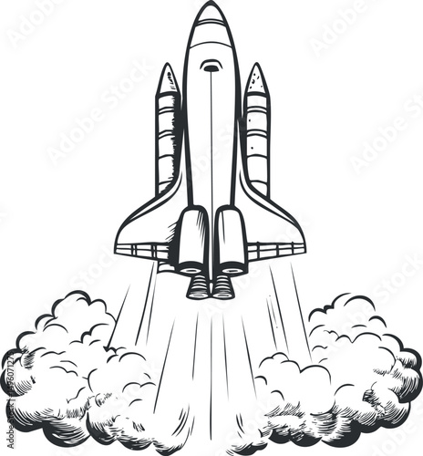 Black and white illustration of a rocket shuttle launching with smoke and flames during liftoff