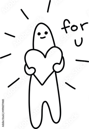 Minimal Character Holding a Heart with For U Text - Cute Love Doodle