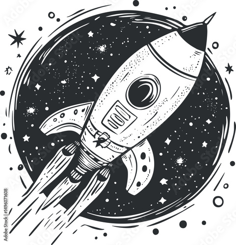 Black and white illustration of a rocket launching into space surrounded by stars and cosmic elements