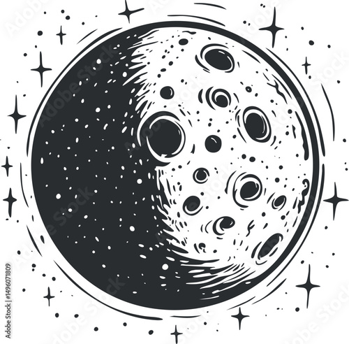 Black and white illustration of the moon with craters and stars in space, showing lunar surface details