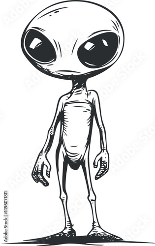 Black and white cartoon illustration of an alien creature with big eyes and slender body