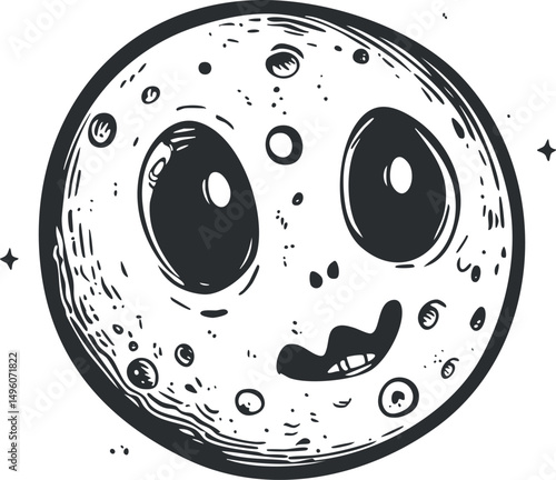 Cartoon illustration of a smiling moon with craters in black and white style