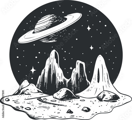 Black and white illustration of a rocky extraterrestrial landscape with mountains and Saturn with rings in the starry sky.