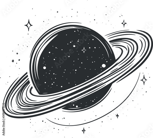 Black and white illustration of a ringed planet with stars in space representing astronomy and the cosmos