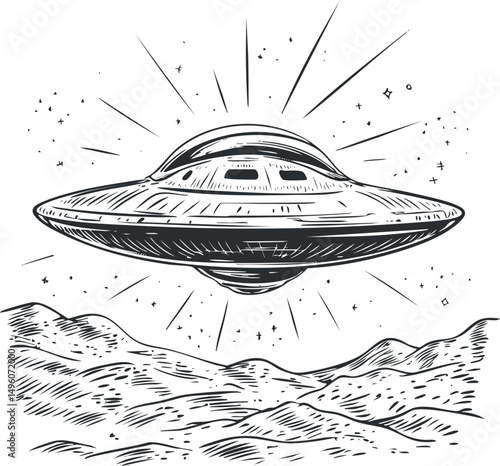 Black and white sketch of a flying saucer UFO hovering over a mountainous landscape with stars in the sky.