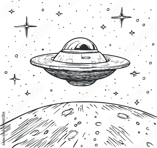 Hand drawn black and white illustration of a flying saucer UFO hovering above a cratered moon with stars in the background