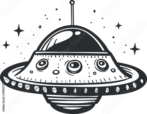 Black and white cartoon illustration of a flying saucer UFO spaceship hovering in space surrounded by stars