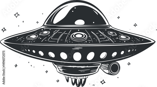 Black and white illustration of a classic flying saucer UFO with futuristic design and space background