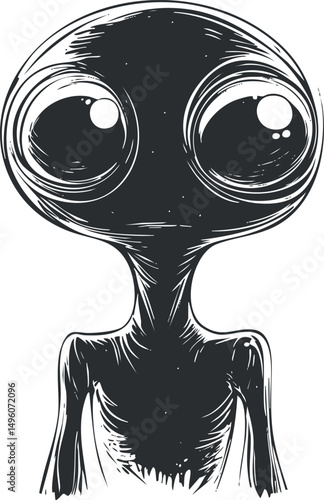 Black and white illustration of a large-headed alien with big eyes and slender body in sci-fi style