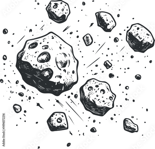 Black and white hand drawn illustration of asteroids floating in outer space with craters visible