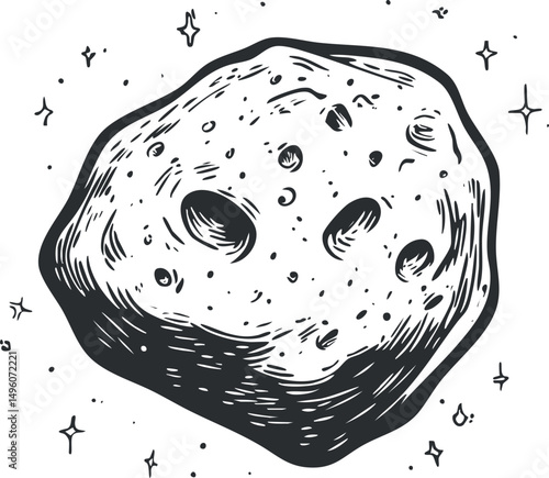 Black and white sketch illustration of an asteroid with craters floating in outer space surrounded by stars