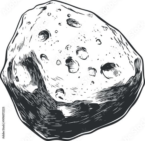 Hand drawn black and white illustration of a cratered asteroid or space rock floating in outer space