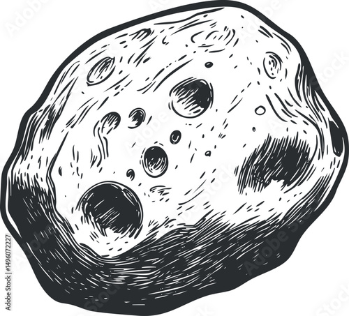 Black and white sketch of an asteroid with craters floating in outer space, a celestial rock object
