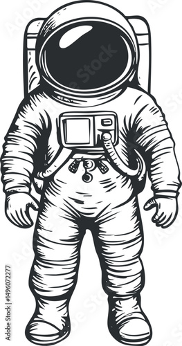 Black and white detailed illustration of an astronaut in a full spacesuit with helmet and life support backpack.