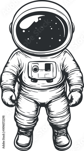 Black and white vector illustration of an astronaut in a spacesuit with a reflective helmet showing stars in space