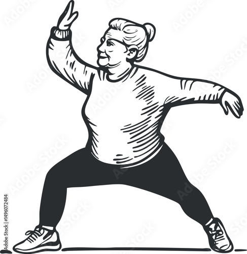 Elderly woman performing stretching exercise in athletic clothing for fitness and wellness
