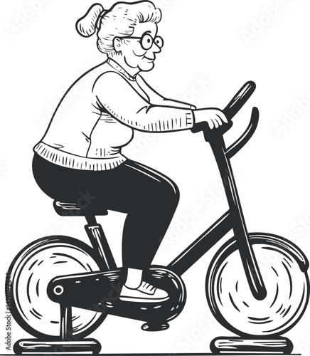 Black and white illustration of an elderly woman exercising on a stationary bike indoors for fitness and health