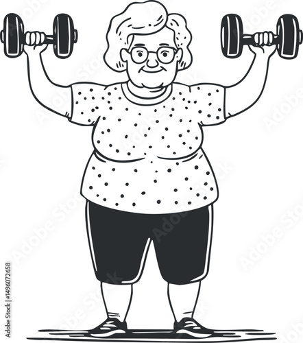Illustration of a senior woman lifting dumbbells for fitness and strength training exercise