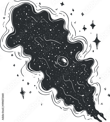 Black and white illustration of a cosmic space with stars and a swirling galaxy shape