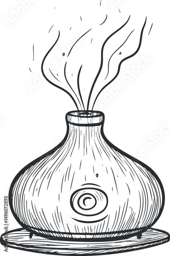 Hand drawn black and white illustration of an aromatherapy essential oil diffuser emitting steam for relaxation and wellness