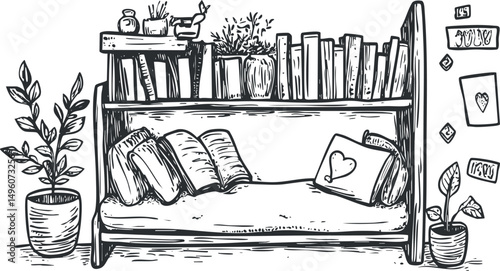 Hand-drawn black and white sketch of a cozy sofa with cushions and books on a wooden bookshelf surrounded by potted plants and wall decorations