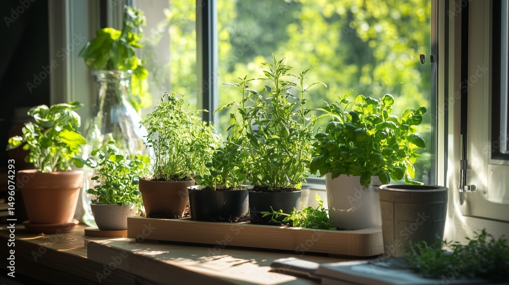 Window garden filled with vibrant herbs thriving in sunlight during a warm afternoon Window garden filled with vibrant herbs thriving in sunlight during a warm afternoon
