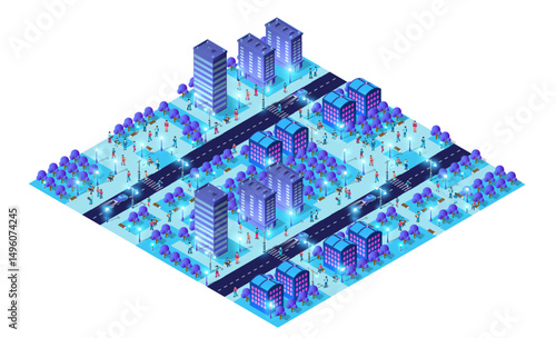 Futuristic smart city at night with glowing buildings and citizens walking on streets