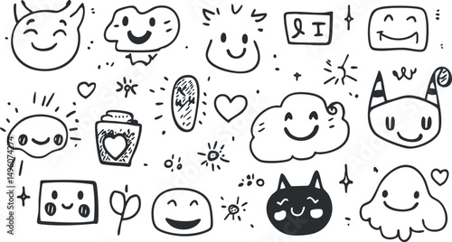 Black and white doodle illustration featuring various cute and playful smiley faces, hearts, and whimsical characters