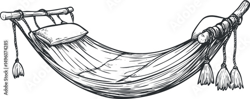 Black and white line drawing of a hammock with pillow hanging between two wooden bars for relaxation and rest