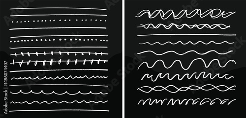 Crayon underline set of black textured strokes with rough brush effect - wavy lines, dashes, dots, zigzag grunge patterns. 