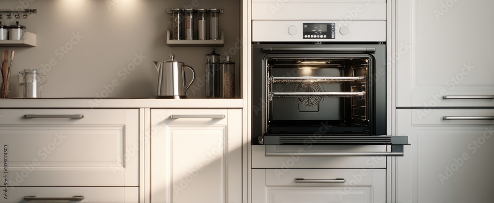 Fototapeta premium The modern kitchen featuring a sleek oven and elegant cabinetry.