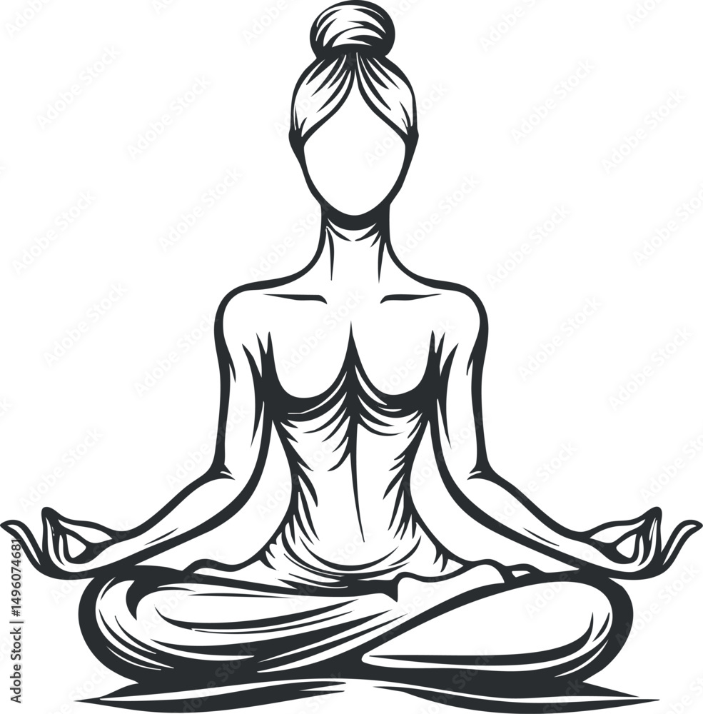 Black and white illustration of a woman sitting in lotus yoga pose meditating with calm and relaxed posture Black and white illustration of a woman sitting in lotus yoga pose meditating with calm and relaxed posture