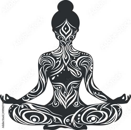 Silhouette of a woman in lotus yoga pose with intricate ornamental body tattoo design