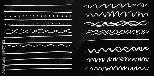 Crayon underline set of black textured strokes with rough brush effect - wavy lines, dashes, dots, zigzag grunge patterns. 
