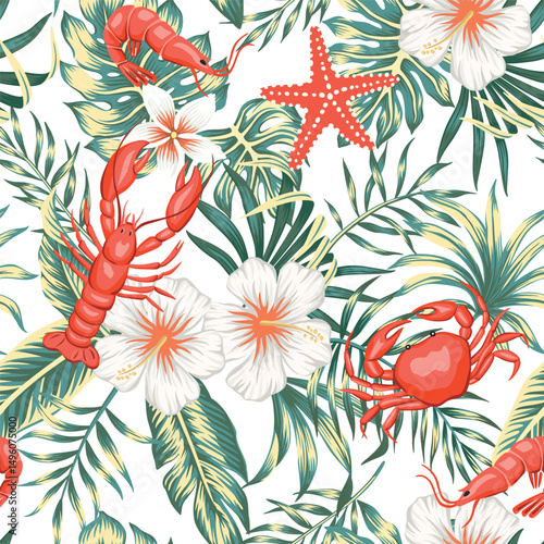 Lobster, crab, shrimp seafood, starfish, hibiscus flower, tropical palm leaves seamless pattern. Summer floral hawaiian print.
