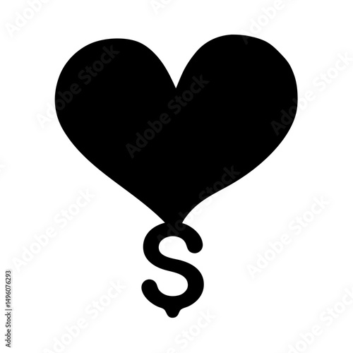 A heart tethered to a dollar sign suggests matters of the heart involving money