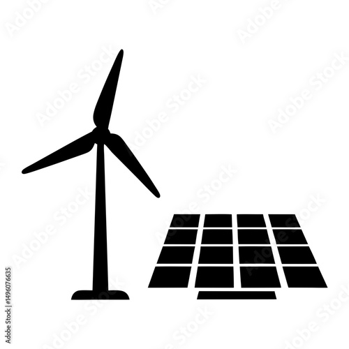 Wind turbine and solar panel illustration representing renewable energy sources