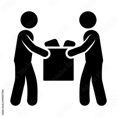 Two stick figures cooperate to carry or lift a wrapped gift box