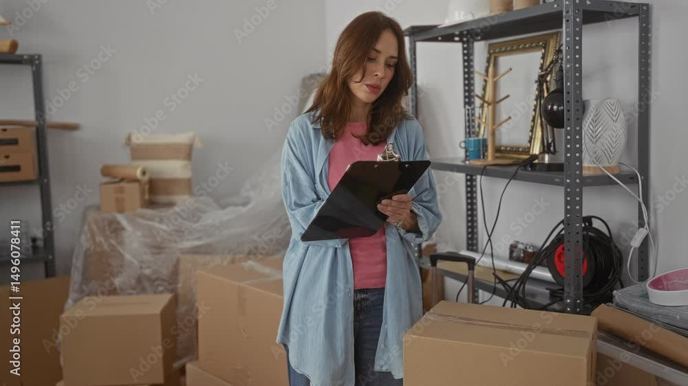 custom made wallpaper toronto digitalWoman organizing boxes in new home with clipboard surrounded by packing materials highlighting her thoughtful expression in a newly furnished indoor living space.