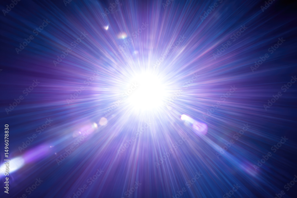 Fototapeta premium Bright white light radiates from center against deep blue and purple background, creating dynamic and energetic effect. image conveys sense of motion and intensity